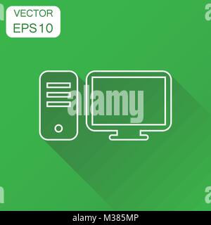 Computer icon. Business concept computer desktop pictogram. Vector illustration on green background with long shadow. Stock Vector