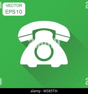 Phone icon. Business concept old vintage telephone pictogram. Vector illustration on green background with long shadow. Stock Vector