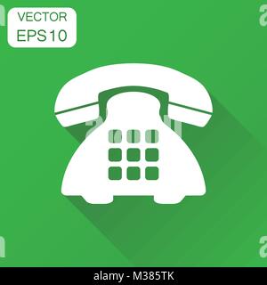 Phone icon. Business concept old vintage telephone pictogram. Vector illustration on green background with long shadow. Stock Vector