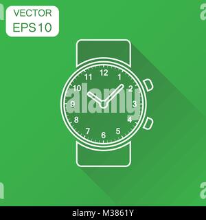 Watch icon. Business concept clock in line style pictogram. Vector illustration on green background with long shadow. Stock Vector