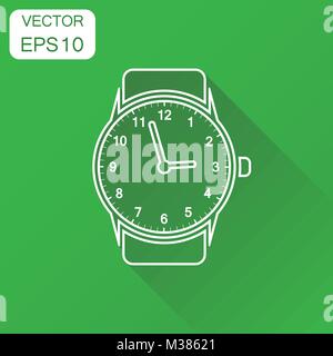 Watch icon. Business concept clock in line style pictogram. Vector illustration on green background with long shadow. Stock Vector