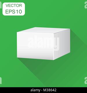 Blank white carton 3d box icon. Business concept box package mockup pictogram. Vector illustration on green background with long shadow. Stock Vector