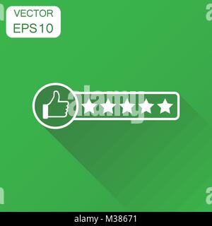 Customer review icon. Business concept thumb up with stars rating pictogram. Vector illustration on green background with long shadow. Stock Vector