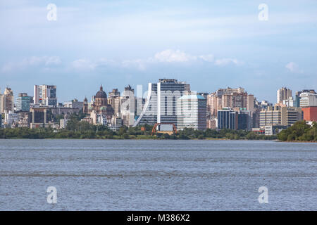 Downtown Porto Alegre Skyline with Rio Grande do Sul Adminitrative Building  and Metropolitan Cathedral at Guaiba River - Porto Alegre, Brazil Stock Photo