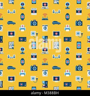 Digital vector yellow internet of things concept objects color simple flat icon set collection, isolated seamless pattern Stock Vector