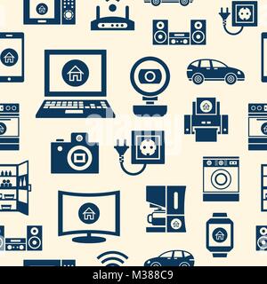 Digital vector blue internet of things concept objects color simple flat icon set collection, isolated seamless pattern Stock Vector