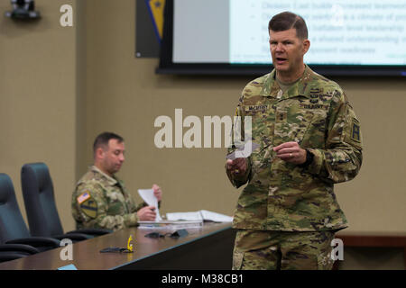 Army Maj. Gen. Todd McCaffrey, commanding general of First Army Division East, speaks to his brigade and division command teams during the First Army Division East Commander's Conference, Aug. 23, 2017 at Fort Knox, Ky. McCaffrey discussed numerous topics relating to the mission of First Army and how they could impact the Division. Of note, however, was the Commanding General of First Army Lt. Gen. Stephen Twitty's effort to balance First Army readiness support between Army National Guard and U.S. Army Reserve partner units. (U.S. Army photo by Staff. Sgt. Darron Salzer, First Army Division Ea Stock Photo