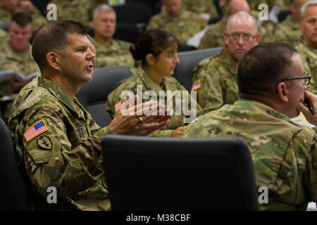 Army Maj. Gen. Todd McCaffrey, commanding general of First Army Division East, speaks to his brigade and division command teams during the First Army Division East Commander's Conference, Aug. 23, 2017 at Fort Knox, Ky. McCaffrey ways in which he would like his observer coach/trainers to 170823-Z-TU749-1033 by First Army Division East Stock Photo