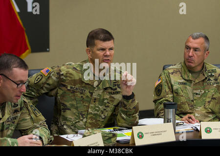 Army Maj. Gen. Todd McCaffrey, commanding general of First Army Division East, speaks to his brigade and division command teams during the First Army Division East Commander's Conference, Aug. 23, 2017 at Fort Knox, Ky. McCaffrey ways in which he would like his observer coach/trainers to 170823-Z-TU749-1038 by First Army Division East Stock Photo