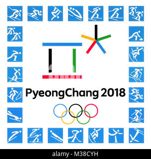 Kiev, Ukraine - September 22, 2017: Official logos of the 2018 Winter Olympic Games with kinds of sport in PyeongChang, Republic of Korea, from Februa Stock Photo