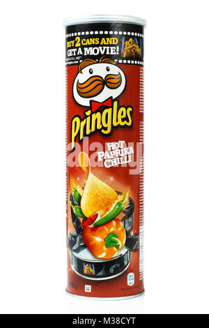 Kiev, Ukraine - September 4, 2017: Pringles original potato chips box on white background. Pringles is a brand of potato snack chips owned by the Kell Stock Photo