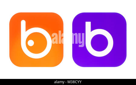 Kiev, Ukraine - October 06, 2017: Collection of old and new Badoo logos printed on white paper. Badoo is the biggest dating network in the world Stock Photo