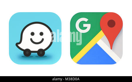 Kiev, Ukraine - October 06, 2017: Collection of popular navigation icons printed on paper: Google Maps and new Waze icon Stock Photo