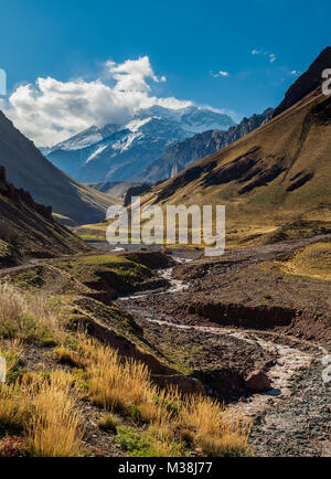 Aconcagua Mountain and Horcones River, Aconcagua Provincial Park, Central Andes, Mendoza Province, Argentina Stock Photo