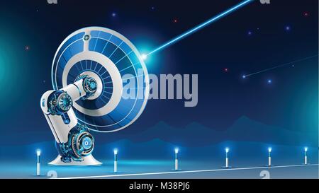 A large satellite dish broadcast radio signal into the night sky in the mountains. The technology of global satellite television and the Internet. Stock Vector