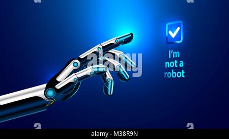 Robot hand or arm presses the button on the touchscreen. Protection from bots. Spam protection hacking. Hacking bot protection. Chrome fingers. Stock Vector