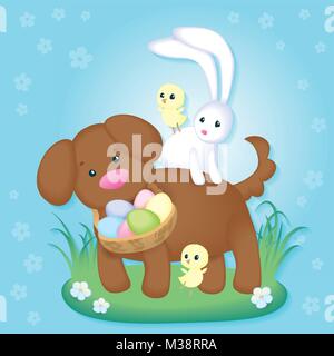 Vintage Easter card with cute puppy, chickens and Easter bunny. Stock Vector