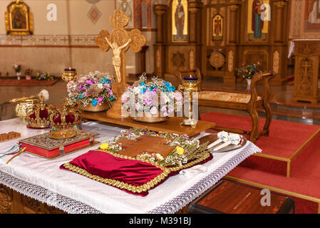 Golden crowns on altar Stock Photo