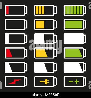 Battery flat icon set vector illustration isolated on gray background eps10. Symbols of battery charge level, full and low. Stock Vector