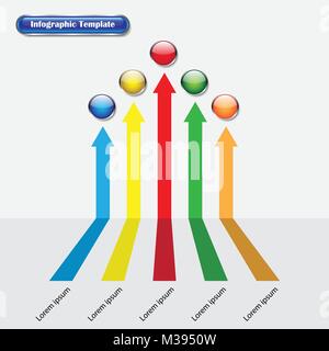 Vector Illustration Infographic Template Designed As Five Different Color Arrows Pointing Upward To Glossy Buttons And With Text. Stock Vector