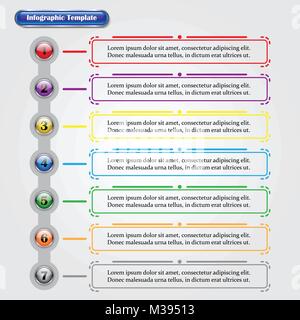 Vector Illustration Infographic Template Designed As Sequence Of Seven Buttons With Text Boxes. Useful For General Business And Education Presentation Stock Vector