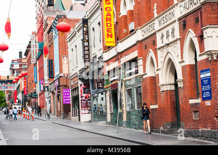 Little Bourke Street, or Chinatown, looking east from Exhibition Street, iMelbourne, Australia Stock Photo
