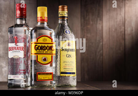 POZNAN, POLAND - DEC 15, 2017: Bottles of assorted global liquor brands ...