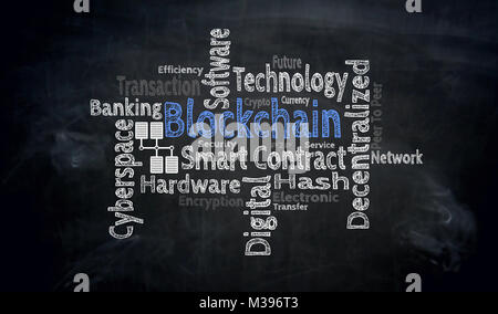 Blockchain wordcloud on blackboard concept. Stock Photo