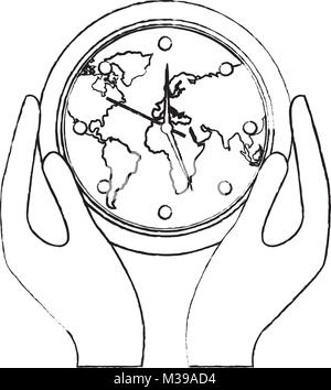 hands holding clock with earth map inside Stock Vector