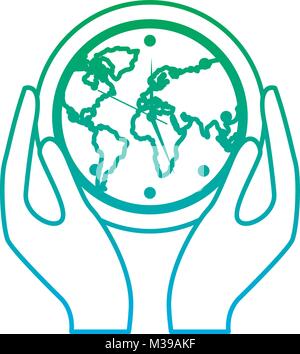 hands holding clock with earth map inside Stock Vector