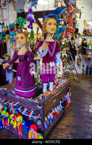 Prague, Czech Republic - December 31, 2017: Traditional puppets made of wood. Shop in Prague Stock Photo