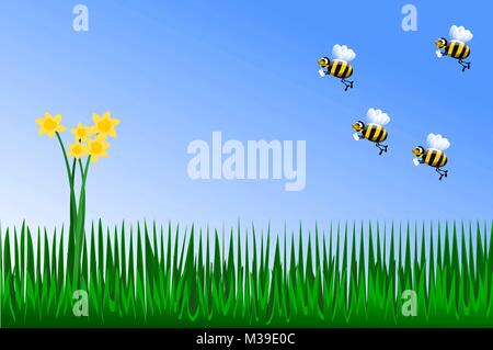 Yellow flowers in the grass with bees, spring time illustration Stock Vector
