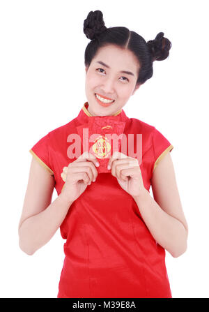 beautiful woman wear cheongsam and holding red envelope in concept of happy chinese new year isolated on white background Stock Photo