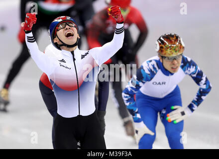 Republic of Korea's Hyojun Lim wins the gold medal for the Men's 1500m Short Track Final A during day one of the PyeongChang 2018 Winter Olympic Games in South Korea. Stock Photo