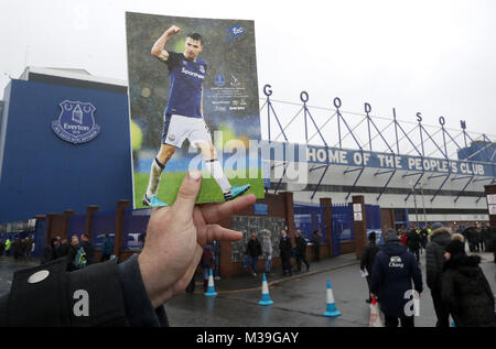 An official programme on display outside of the stadium during the Premier League match at Goodison Park, Liverpool. Stock Photo