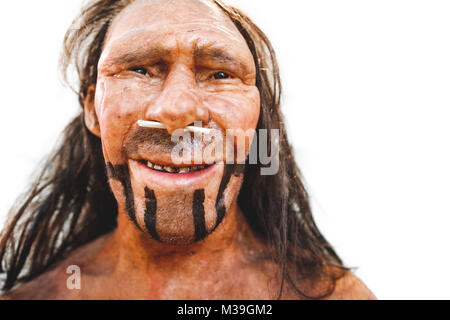 realistic prehistoric early man neanderthal reproduction portrait closeup
