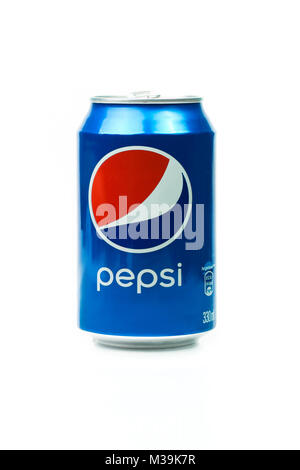 TRIESTE, ITALY - MAY 11, 2016:Pepsi cola can isolated on white background. Pepsi is a carbonated soft drink that is produced and manufactured by Pepsi Stock Photo