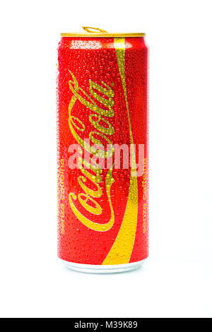 TRIESTE, ITALY - MAY 11, 2016, Aluminium can of Coca-Cola No caffeine. Isolated on white Background. Coca Cola, Coke is the most popular carbonated so Stock Photo