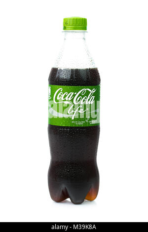 TRIESTE, ITALY - MAY 11, 2016, Plastic bottle of Coca-Cola Life. Isolated on white Background. Coca Cola, Coke is the most popular carbonated soft dri Stock Photo