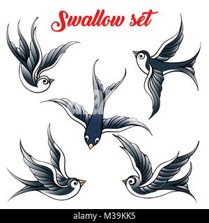 Set of the swallow emblem. Design elements for poster and tattoo. Vector illustration. Stock Vector
