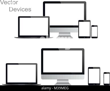 Black gadgets and devices on white background. Realistic vector illustration, for graphic and web design Stock Vector