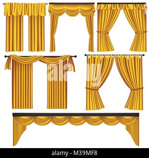 Set of golden luxury curtains and draperies on white background, realistic vector illustration Stock Vector