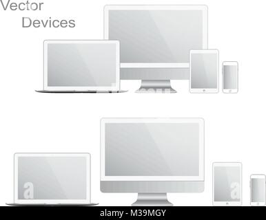 White gadgets and devices on white background. Realistic vector illustration, for graphic and web design Stock Vector