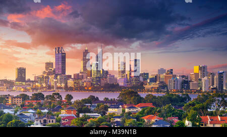 Perth. Panoramic aerial cityscape image of Perth skyline, Australia during dramatic sunset. Stock Photo