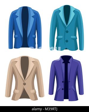 Business suit mens jacket four jackets of different colors and types blue green violet beige vector illustration on white background. Stock Vector