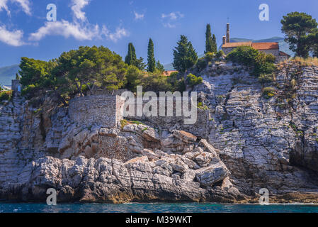 Close up on Sveti Stefan islet and five star Aman Sveti Stefan hotel resort on the Adriatic coast of Montenegro Stock Photo
