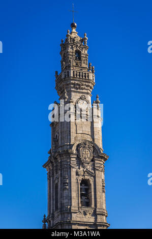 Bell tower of Church of Clergymen called Clerigos Tower in Porto, second largest city in Portugal on Iberian Peninsula Stock Photo