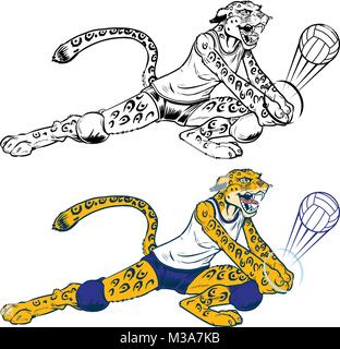 Vector cartoon clip art illustration of a lady wildcat, leopard, or jaguar volleyball player mascot doing a dig.  Character, ball, and uniform are on  Stock Vector