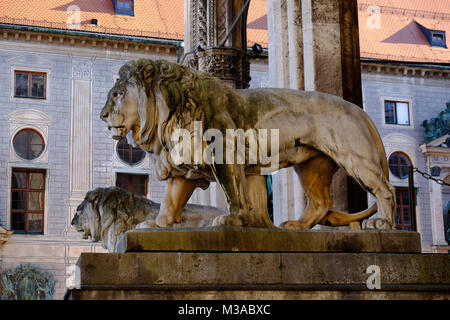 Lions at the Field Marshals' Hall, Odeonsplatz, Munich, Germany. Stock Photo