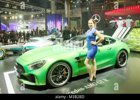 Greater Noida, India. 9th February 2018. Mercedes-AMG GT R Coupe Sports car is on display at the Auto Expo 2018 at India Expo Mart in Greater Noida, India. The Auto Expo is a biennial event and is being held during 9th to 14th February 2018. Credit: Karunesh Johri/Alamy Live News. Stock Photo
